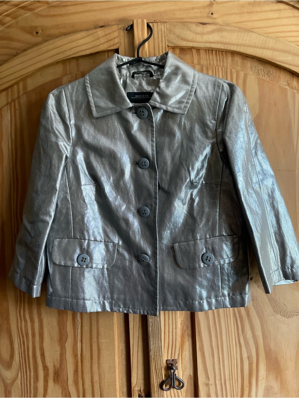 Max Mara Weekend Cropped Metallic Silver Button-Up Blazer Size 6